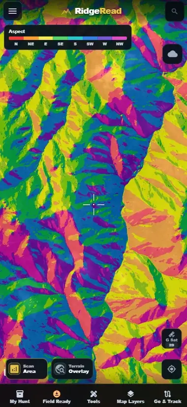 RidgeRead aspect terrain overlay on a mobile screen