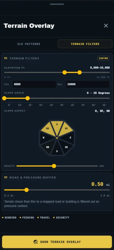 RidgeRead terrain filter controls on a mobile screen