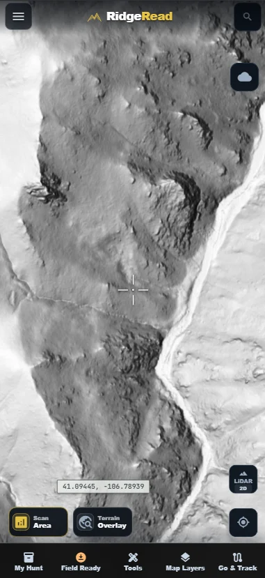 RidgeRead LiDAR bare-earth basemap on a mobile screen