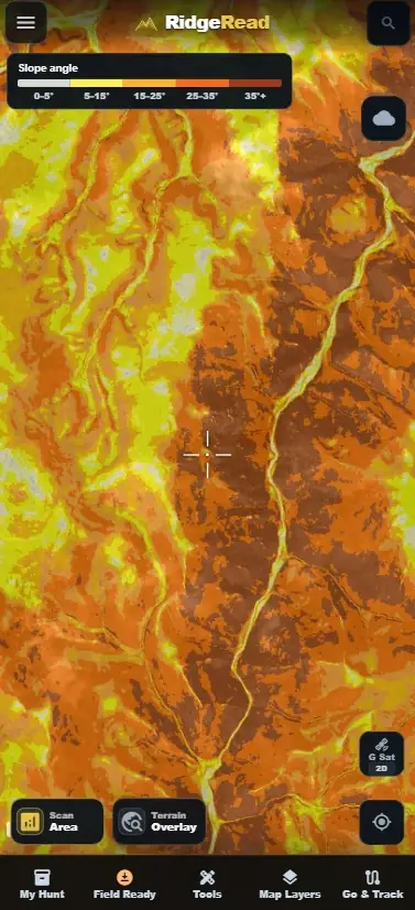 RidgeRead slope-angle terrain overlay on a mobile screen