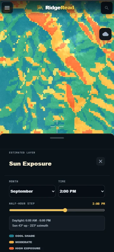 RidgeRead estimated sun exposure on a mobile screen
