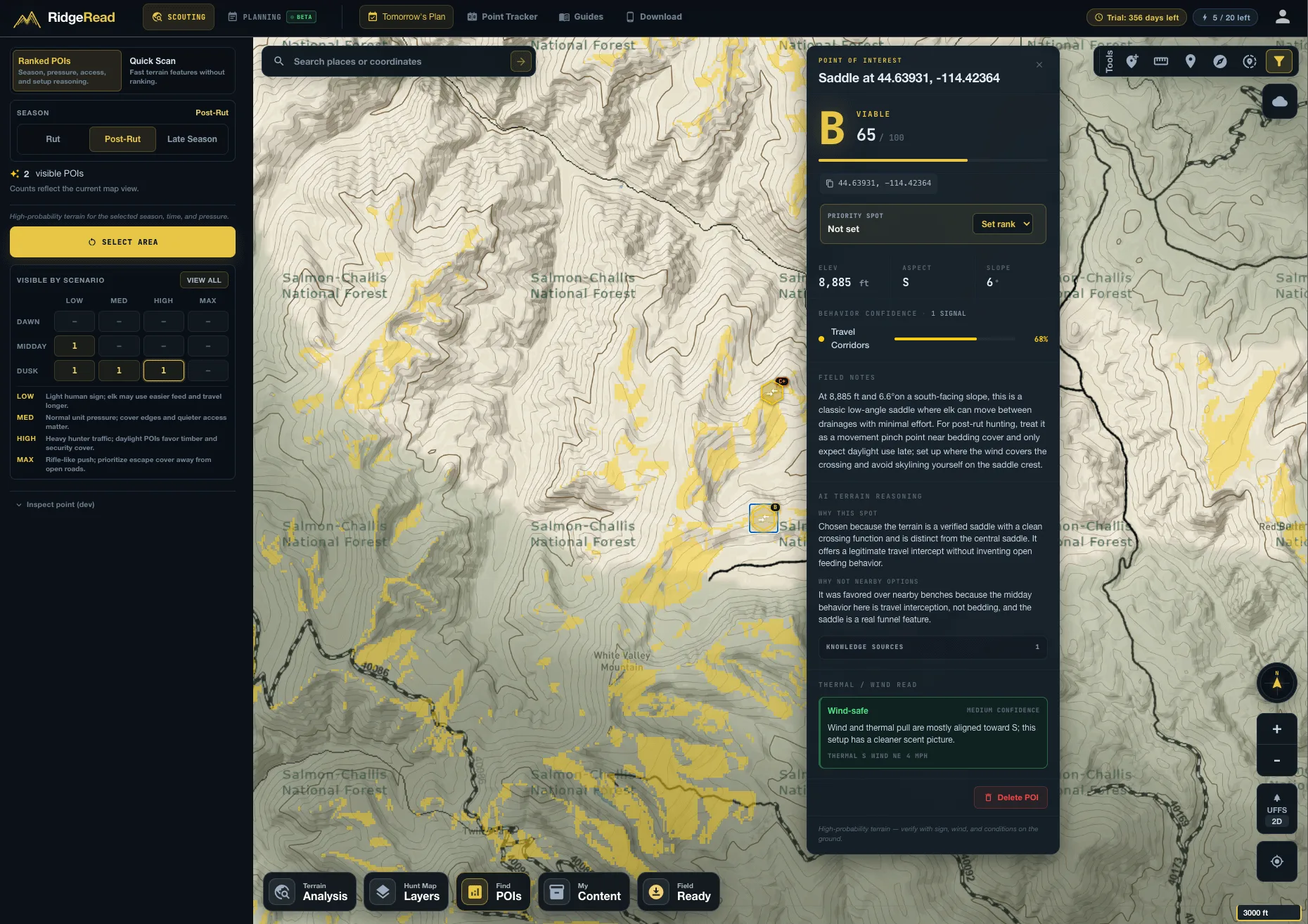 RidgeRead Find POIs showing a ranked saddle, terrain reasoning, travel-corridor evidence, and a wind read