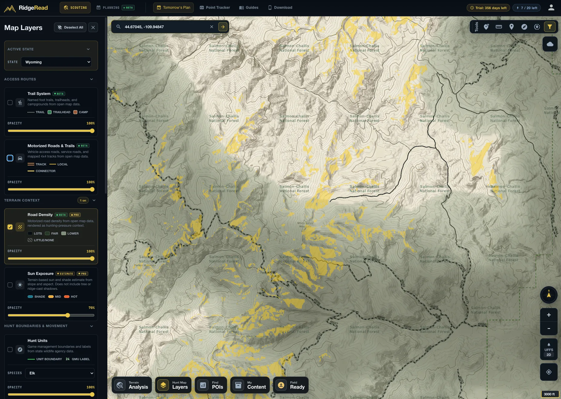 RidgeRead Road Density and motorized access layers shown over terrain-analysis matches