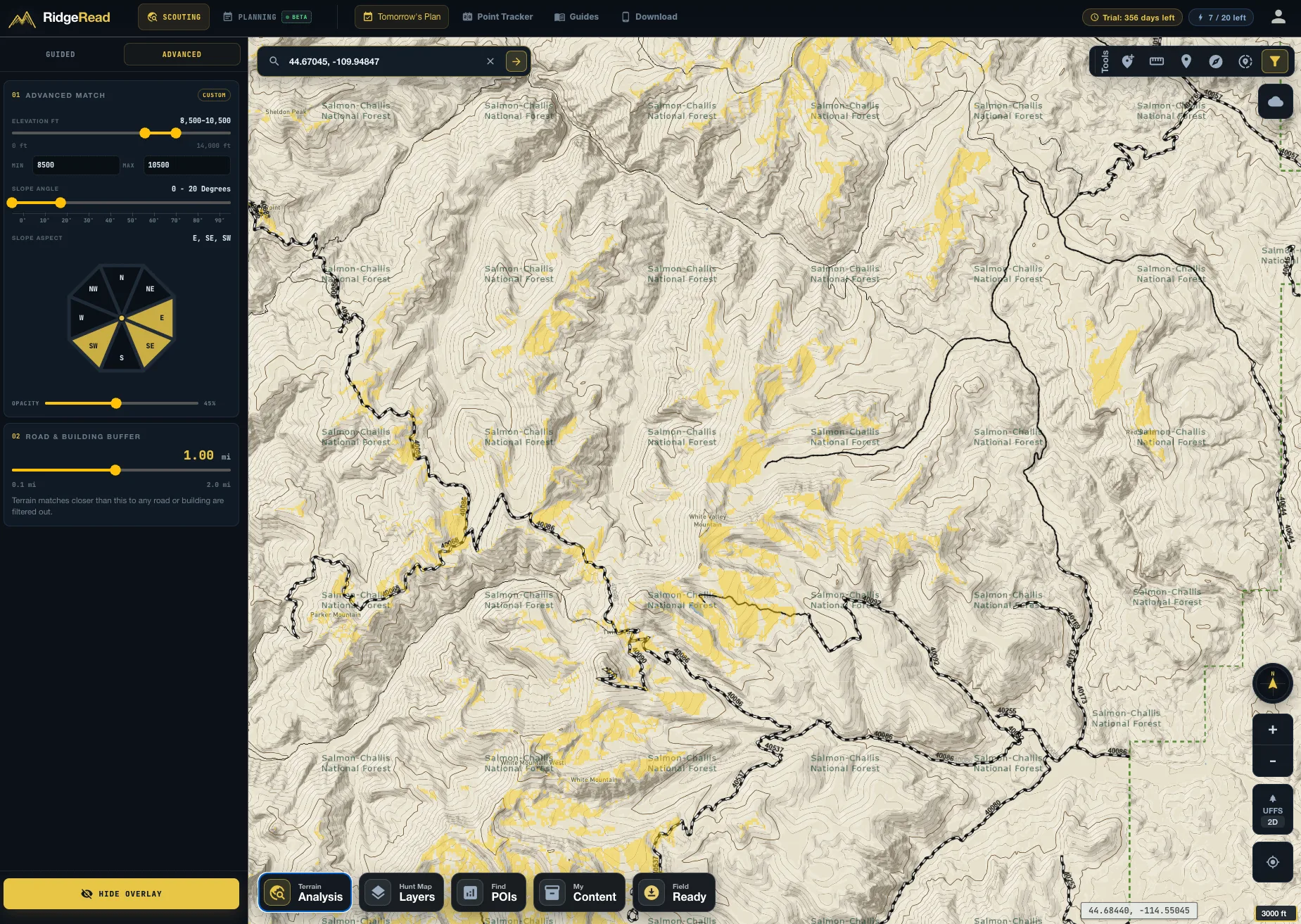RidgeRead Terrain Analysis showing elevation, slope, aspect, and road-buffer filters over elk country
